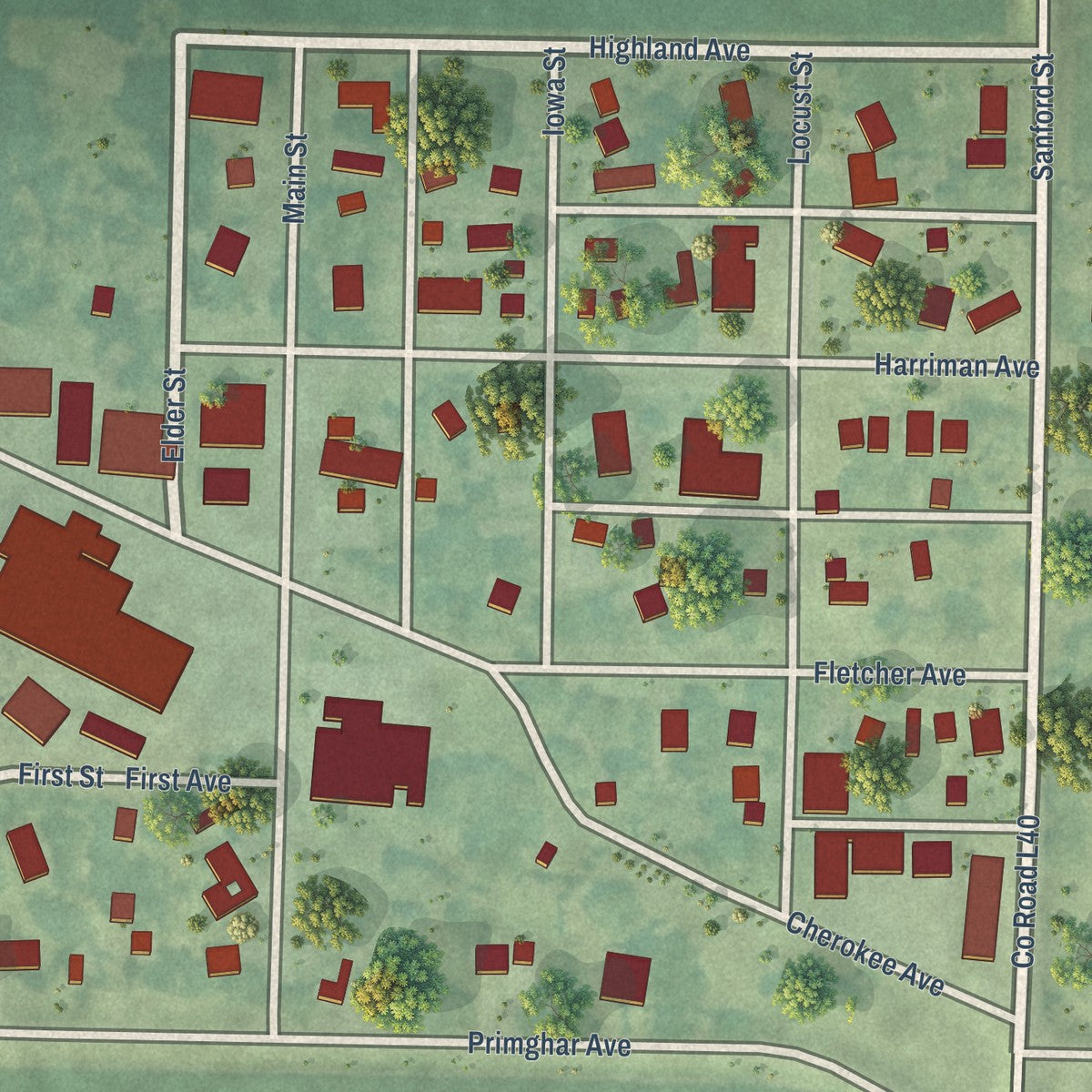 Close-up of the map of Archer, Iowa print showing street and building detail