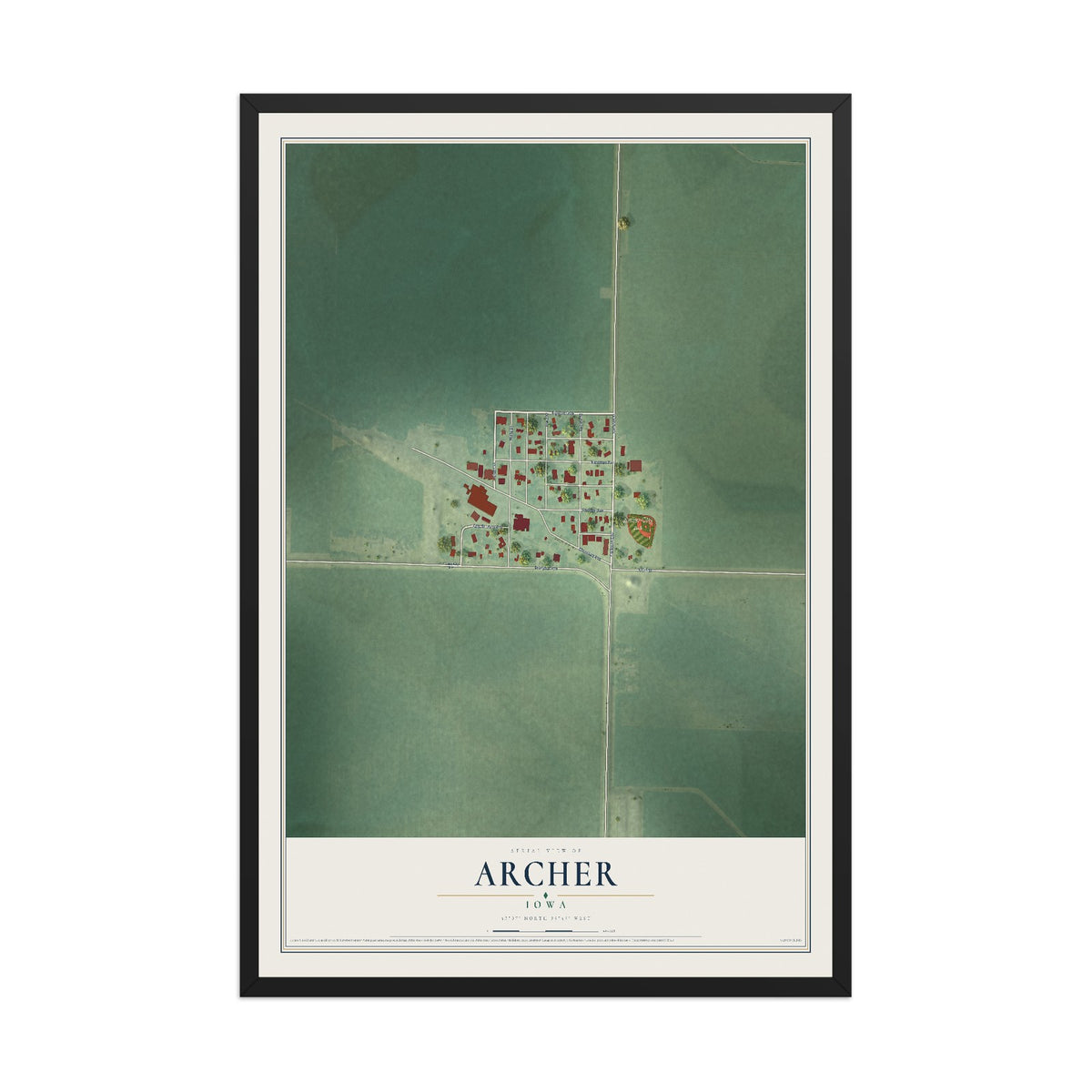 Map of Archer, Iowa, 12 x 18 inch print in a black wood frame