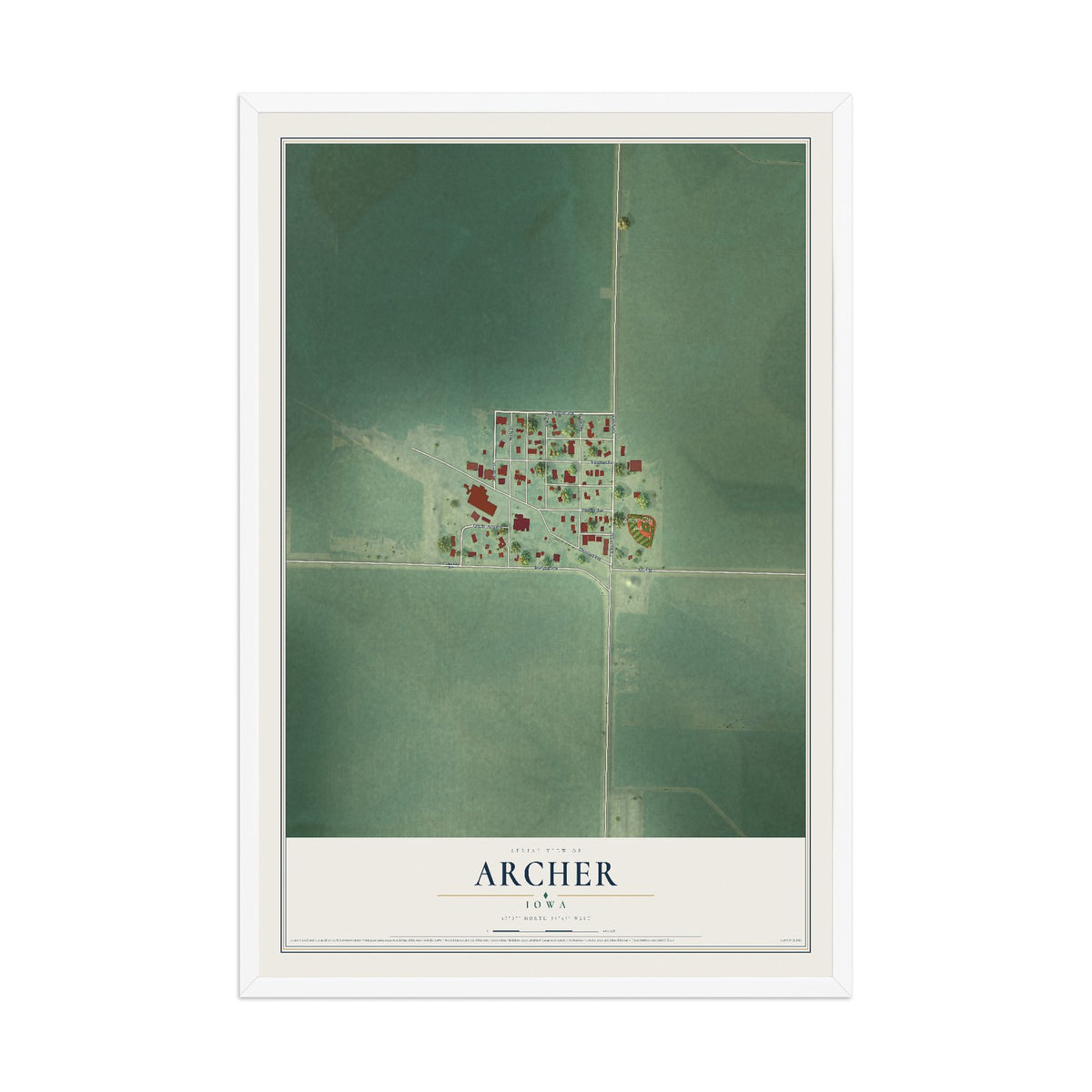 Map of Archer, Iowa, 12 x 18 inch print in a white wood frame