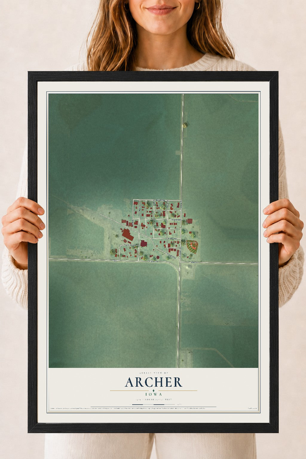 Map of Archer, Iowa, 18 x 24 inch print in a black wood frame