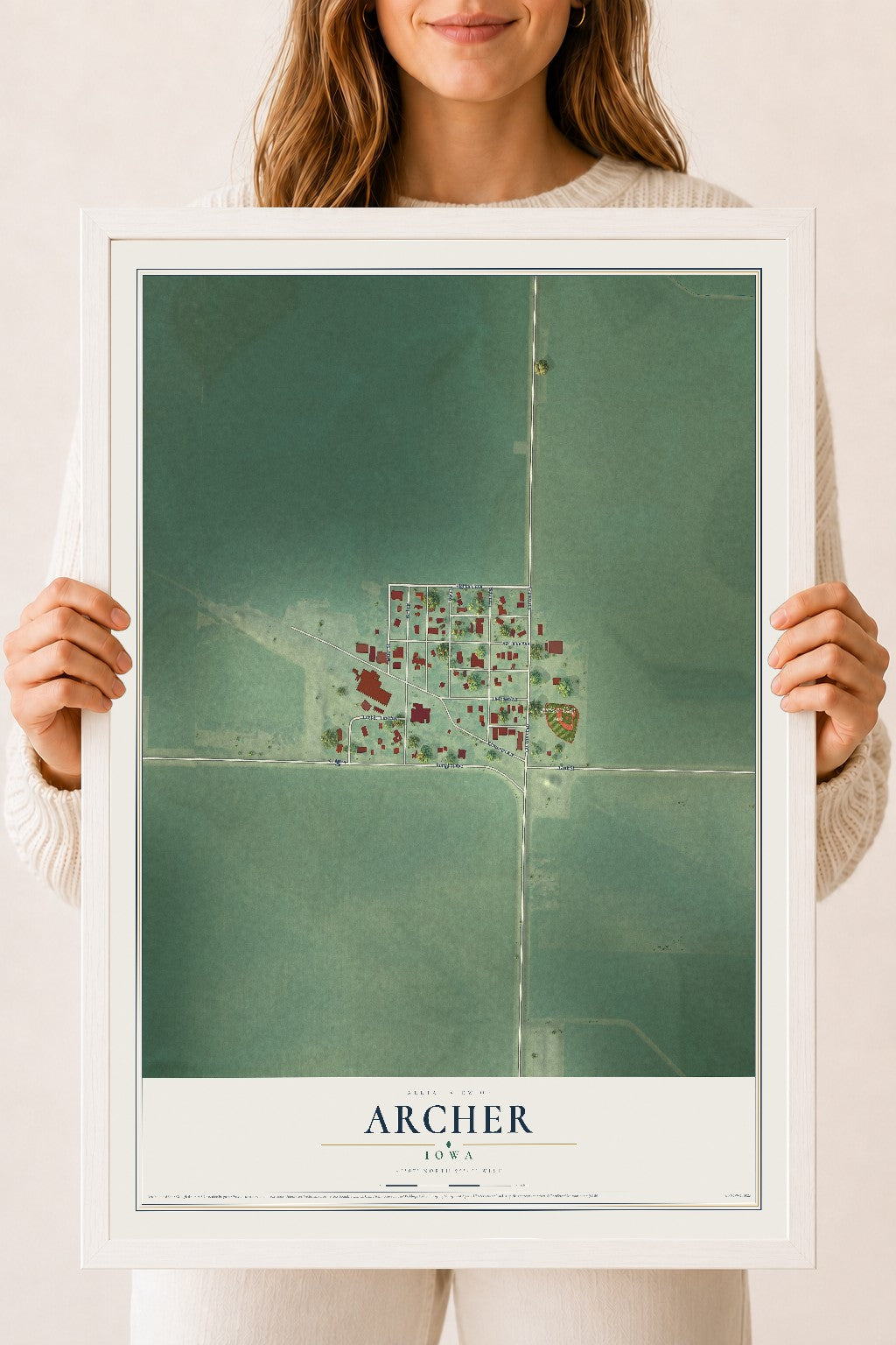 Map of Archer, Iowa, 18 x 24 inch print in a white wood frame