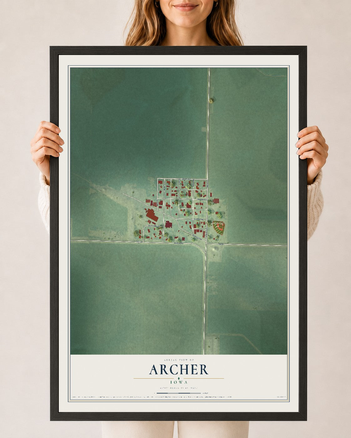 Map of Archer, Iowa, 24 x 36 inch print in a black wood frame