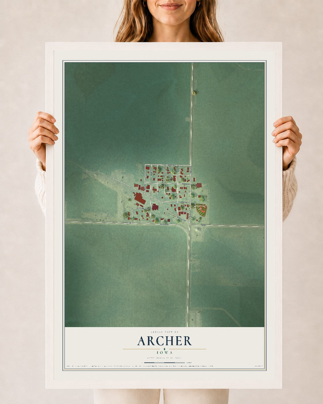 Map of Archer, Iowa, 24 x 36 inch print in a white wood frame