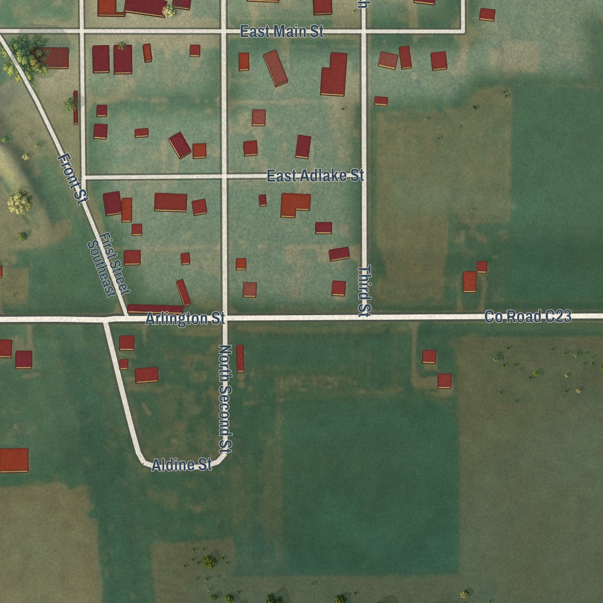 Close-up of the map of Aredale, Iowa print showing street and building detail