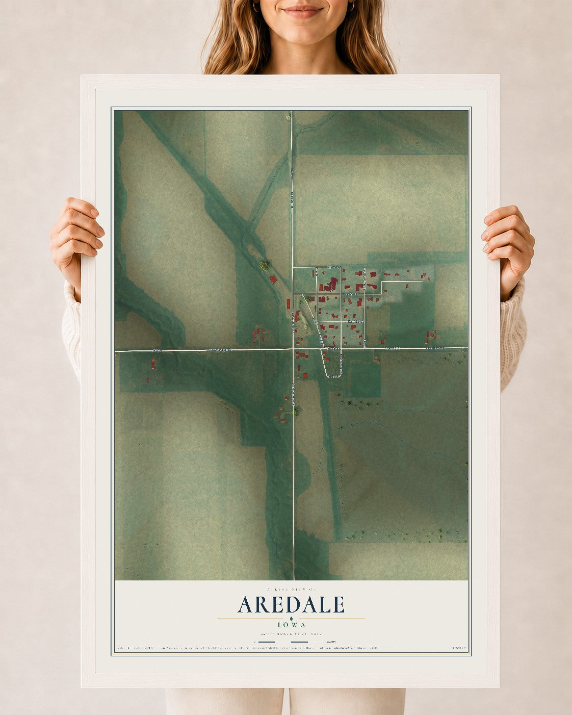 Map of Aredale, Iowa, 24 x 36 inch print in a white wood frame