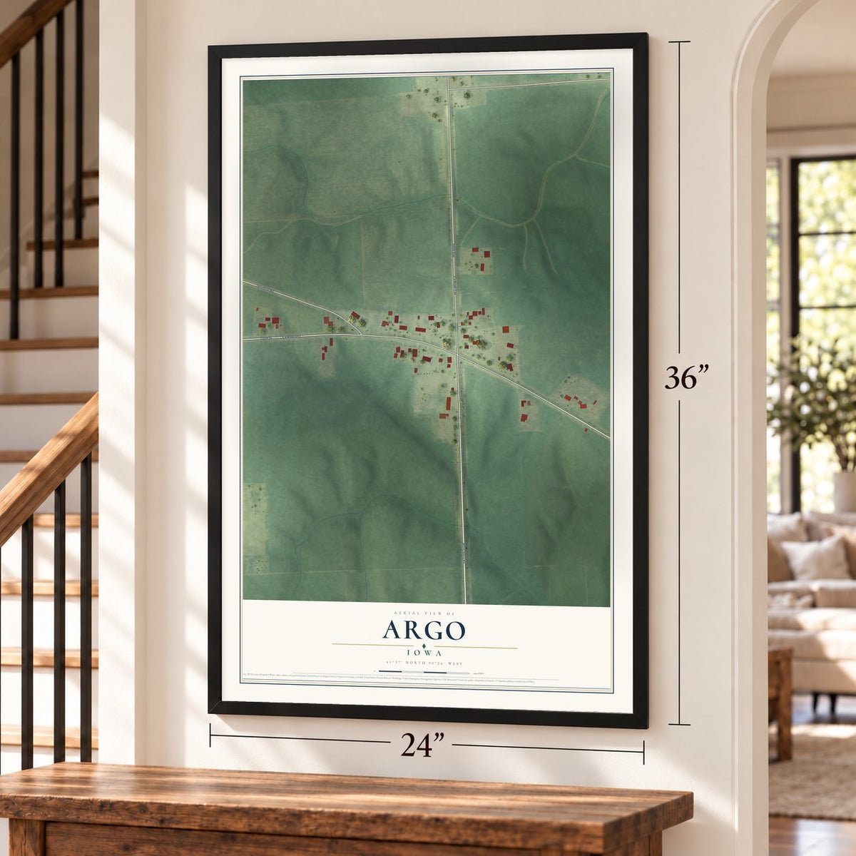 Argo, Iowa map, 24 x 36 inch print in a black frame by a staircase