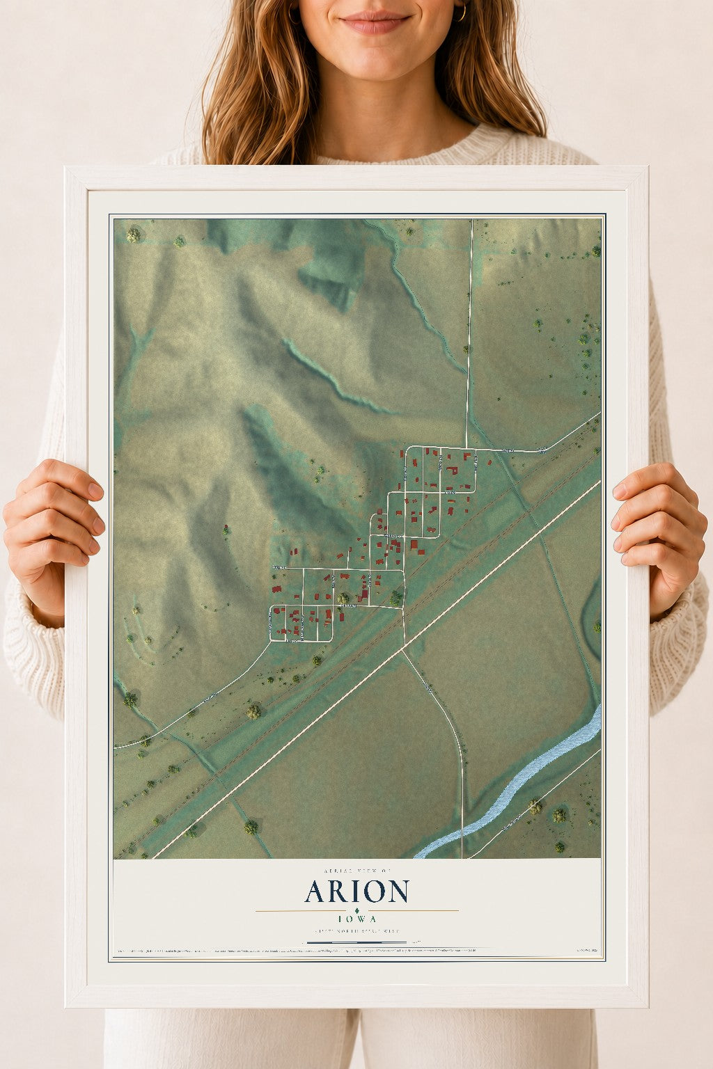 Map of Arion, Iowa, 18 x 24 inch print in a white wood frame