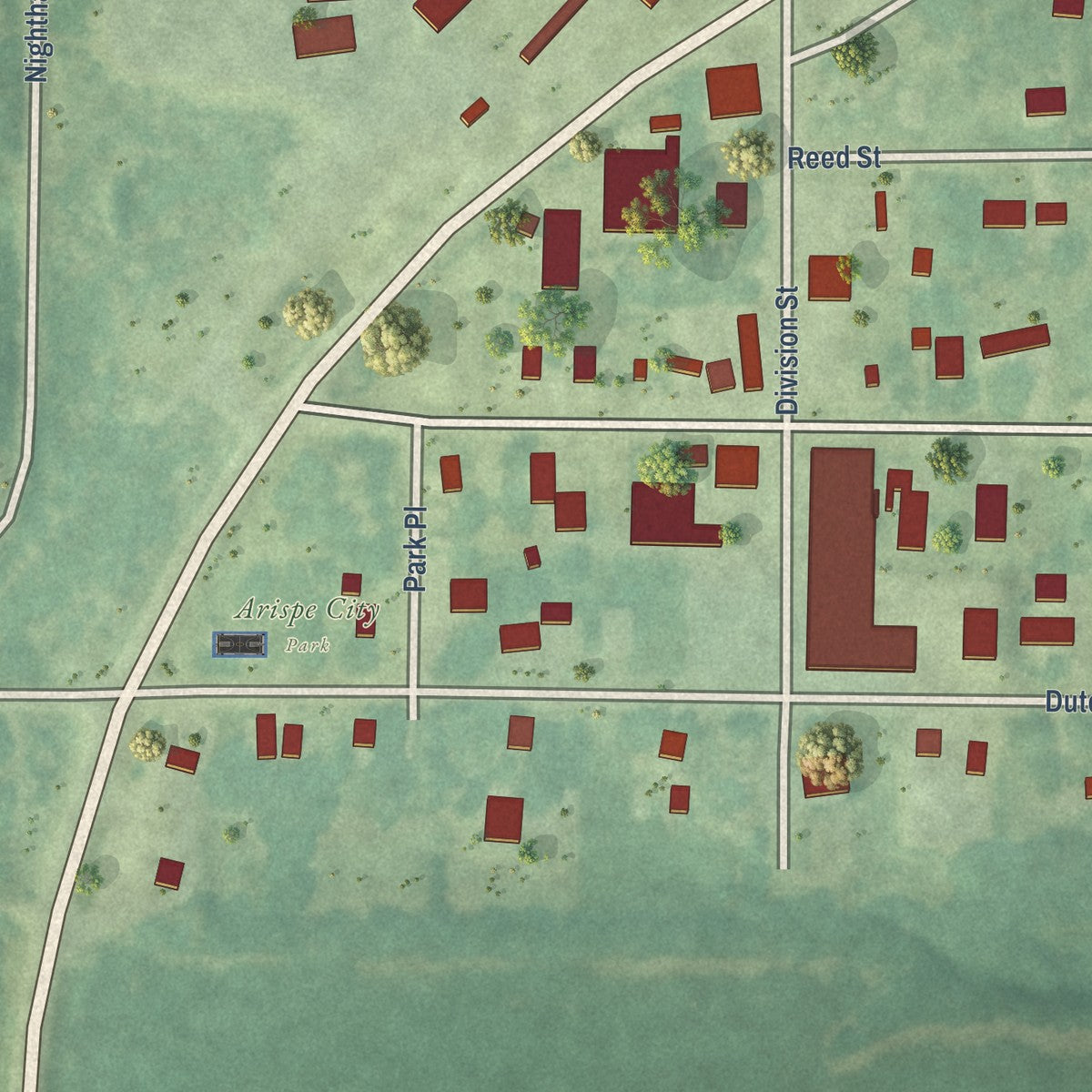 Close-up of the map of Arispe, Iowa print showing street and building detail