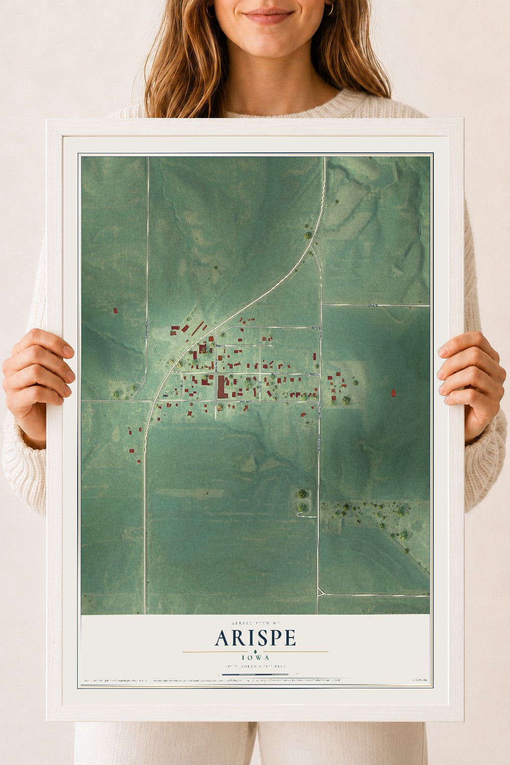Map of Arispe, Iowa, 18 x 24 inch print in a white wood frame