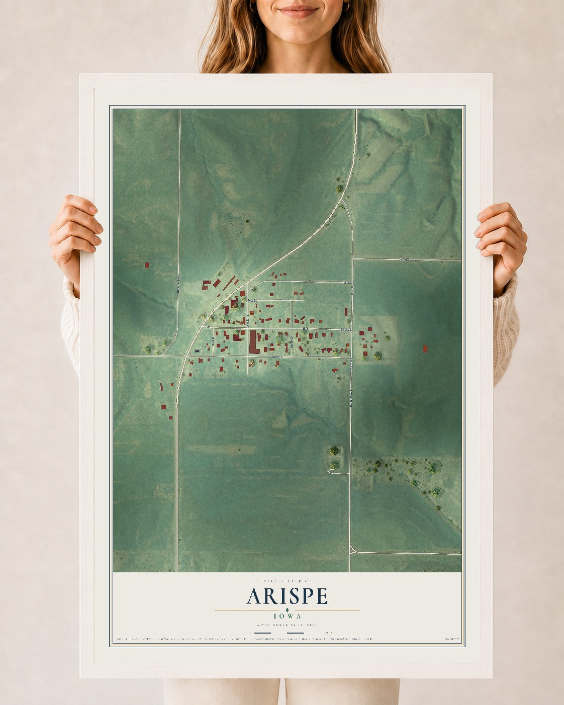 Map of Arispe, Iowa, 24 x 36 inch print in a white wood frame
