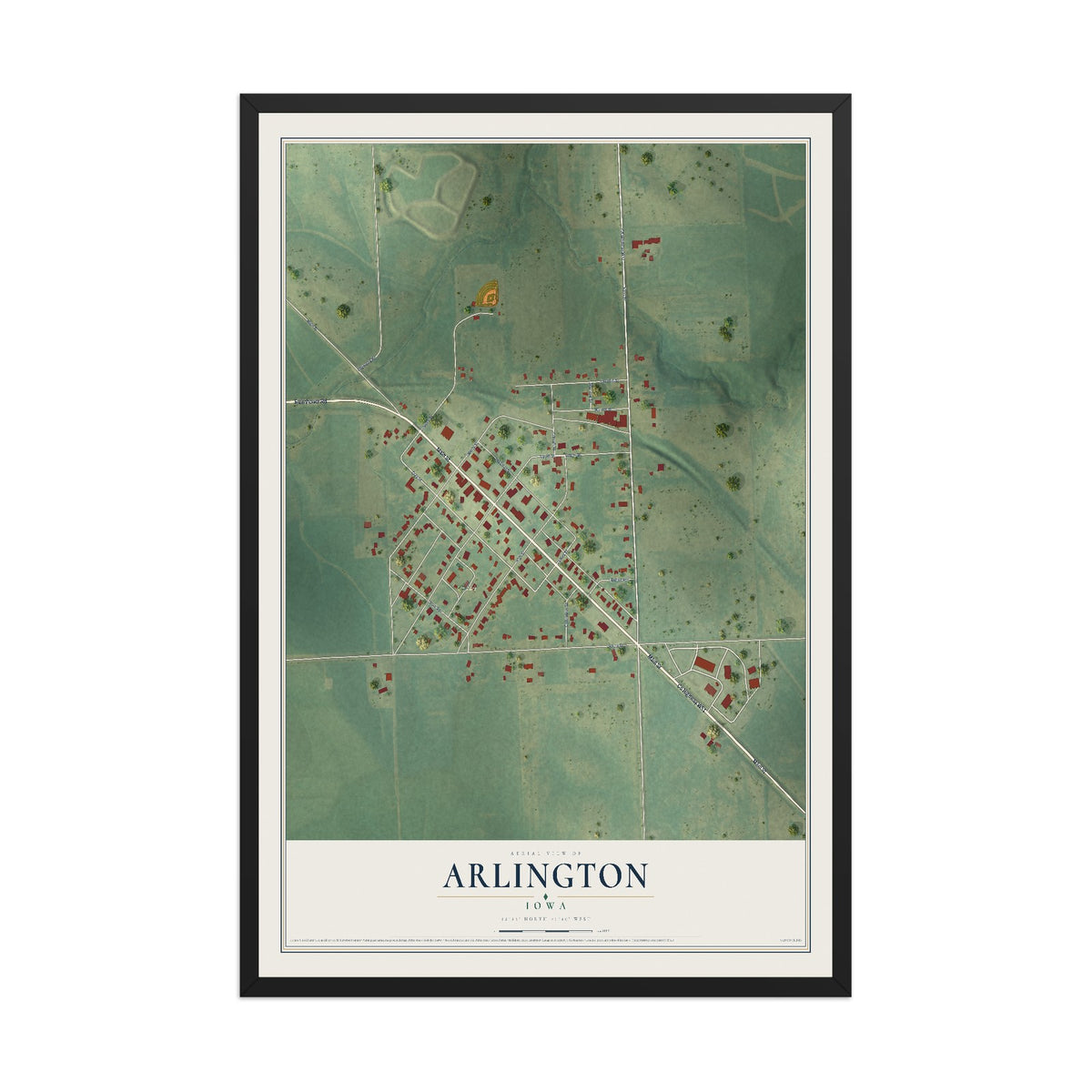 Map of Arlington, Iowa, 12 x 18 inch print in a black wood frame