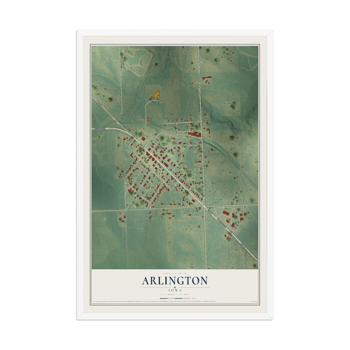 Map of Arlington, Iowa, 12 x 18 inch print in a white wood frame