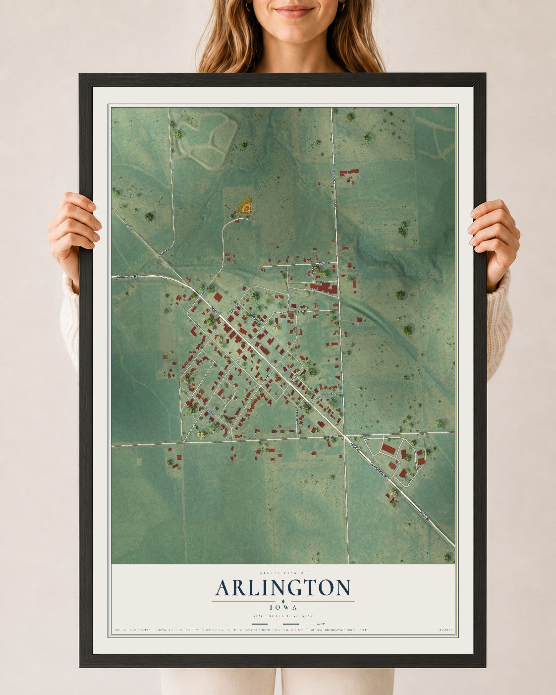 Map of Arlington, Iowa, 24 x 36 inch print in a black wood frame