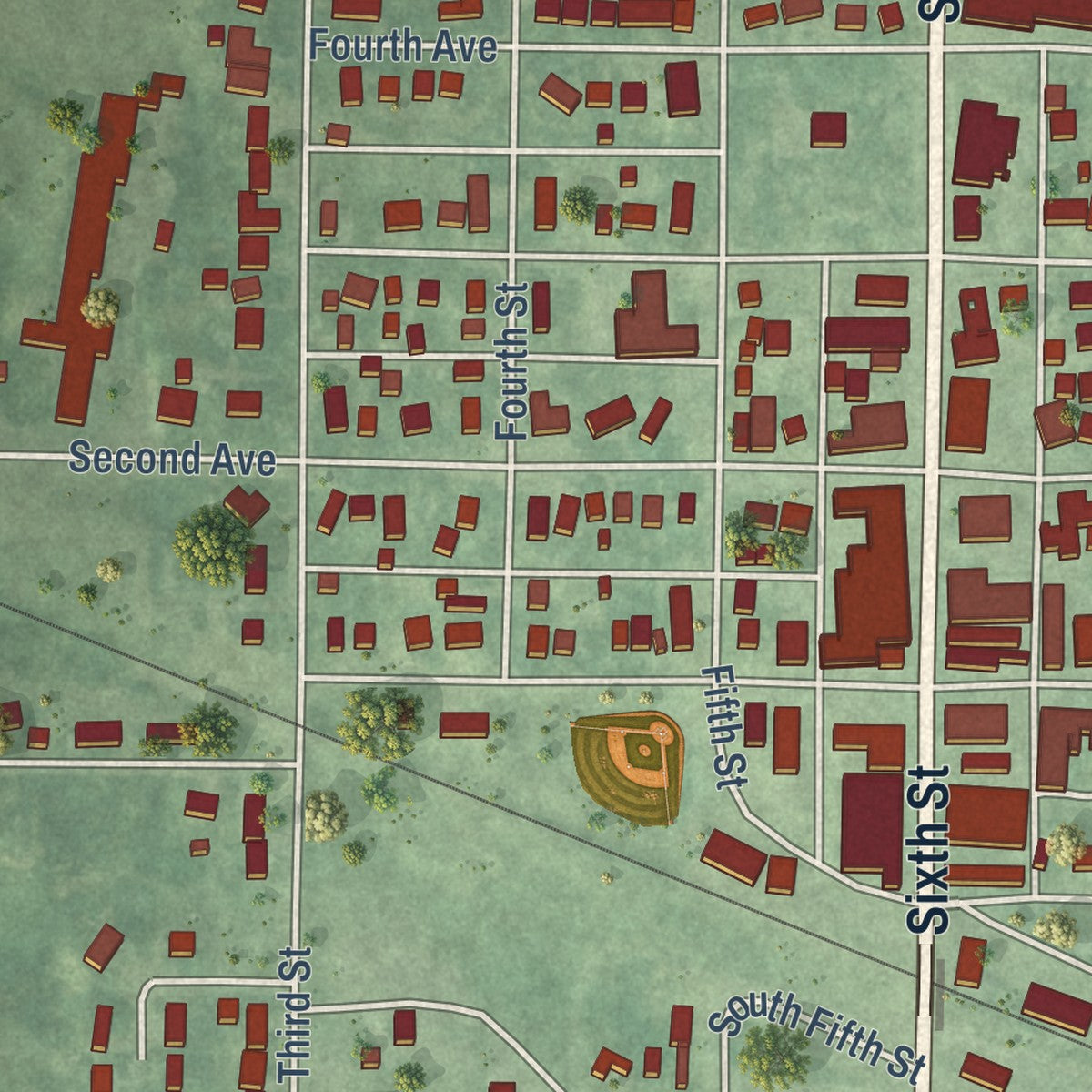 Close-up of the map of Armstrong, Iowa print showing street and building detail