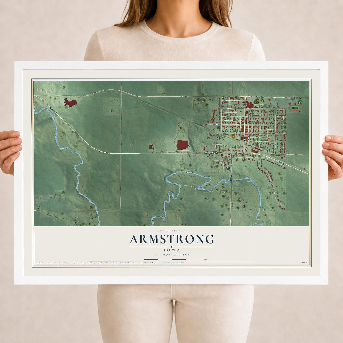 Map of Armstrong, Iowa, 18 x 24 inch print in a white wood frame