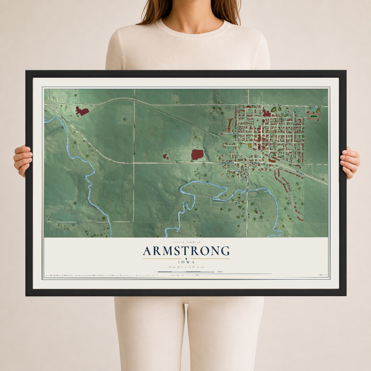 Map of Armstrong, Iowa, 24 x 36 inch print in a black wood frame