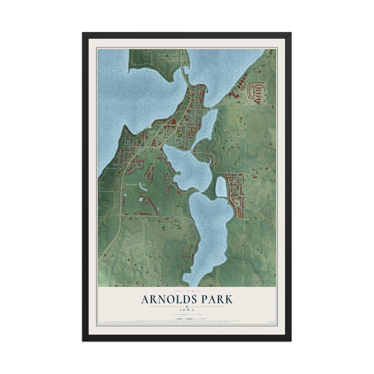Map of Arnolds Park, Iowa, 12 x 18 inch print in a black wood frame