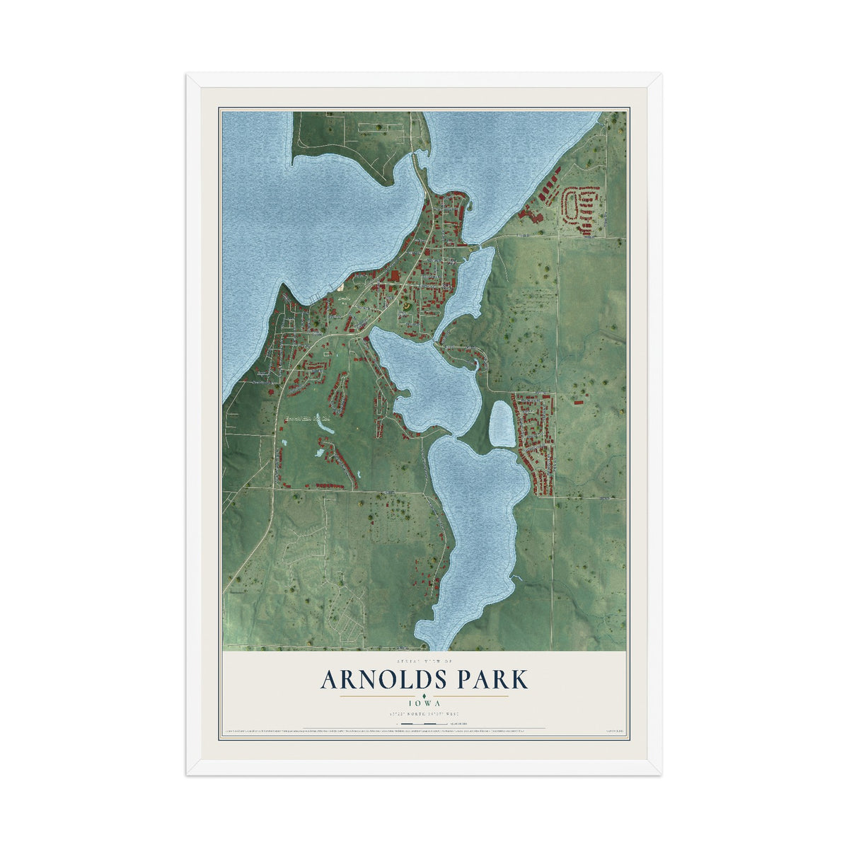 Map of Arnolds Park, Iowa, 12 x 18 inch print in a white wood frame