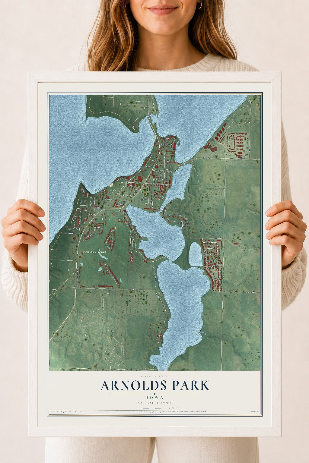 Map of Arnolds Park, Iowa, 18 x 24 inch print in a white wood frame