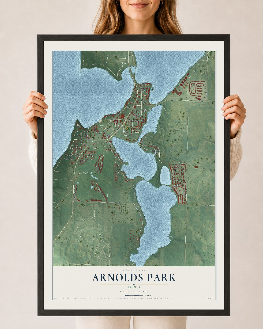 Map of Arnolds Park, Iowa, 24 x 36 inch print in a black wood frame