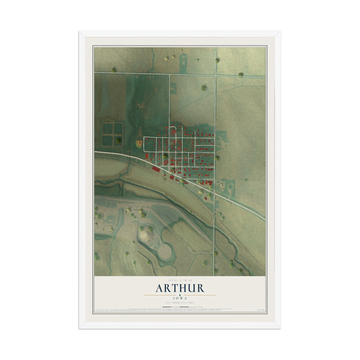 Map of Arthur, Iowa, 12 x 18 inch print in a white wood frame