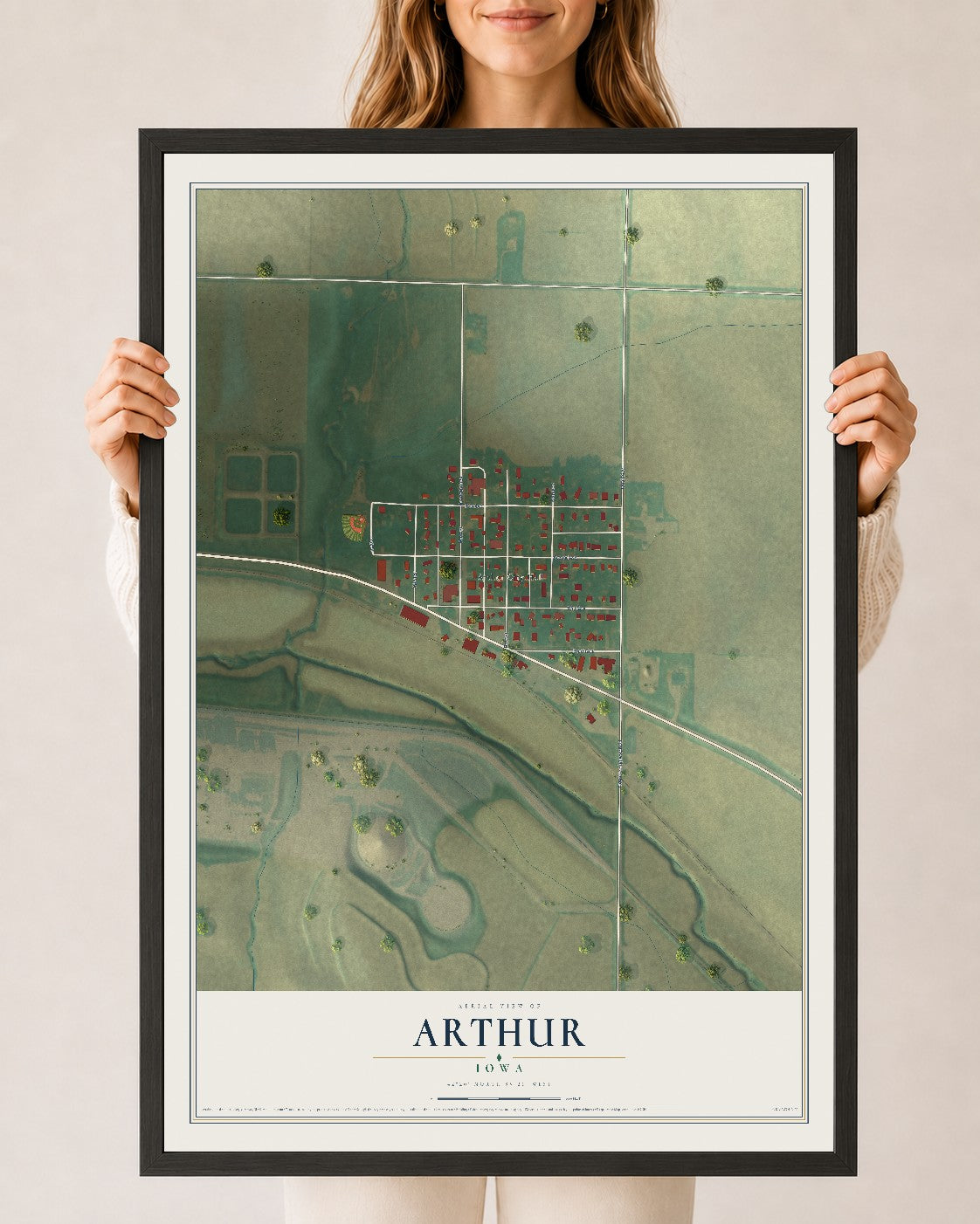 Map of Arthur, Iowa, 24 x 36 inch print in a black wood frame