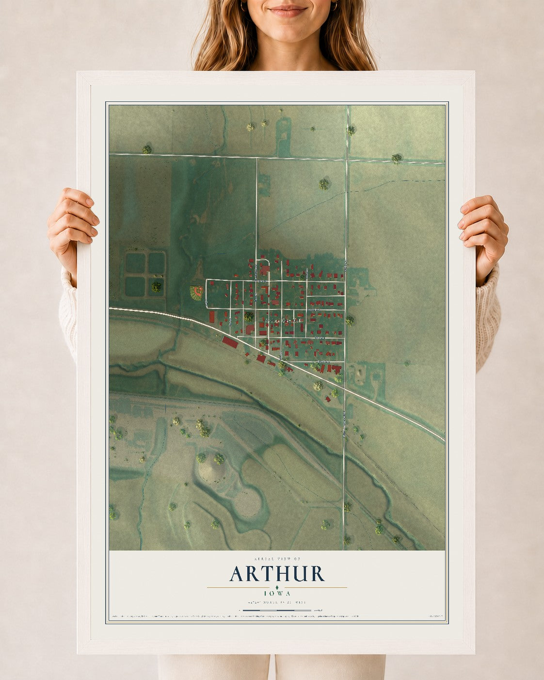 Map of Arthur, Iowa, 24 x 36 inch print in a white wood frame