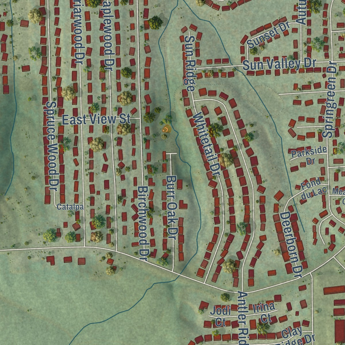 Close-up of the map of Asbury, Iowa print showing street and building detail