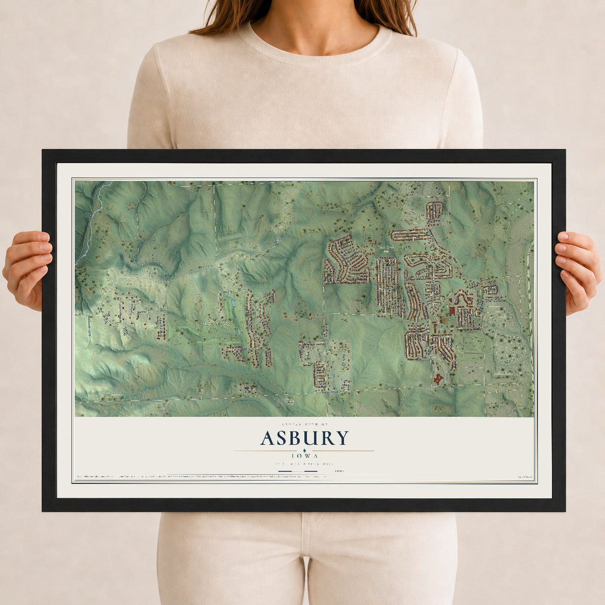 Map of Asbury, Iowa, 12 x 18 inch print in a black wood frame