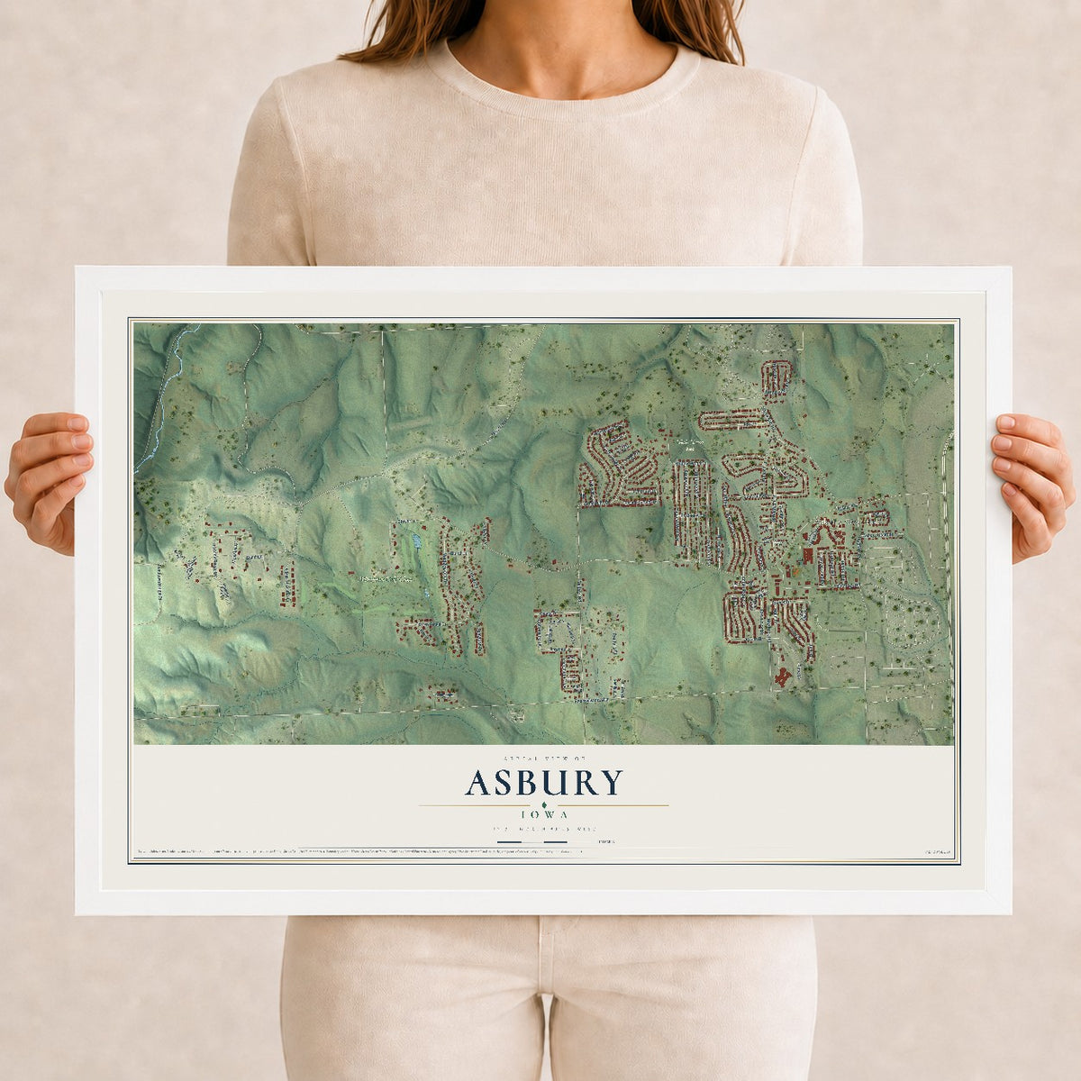 Map of Asbury, Iowa, 12 x 18 inch print in a white wood frame