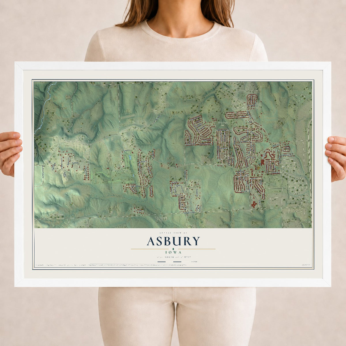 Map of Asbury, Iowa, 18 x 24 inch print in a white wood frame