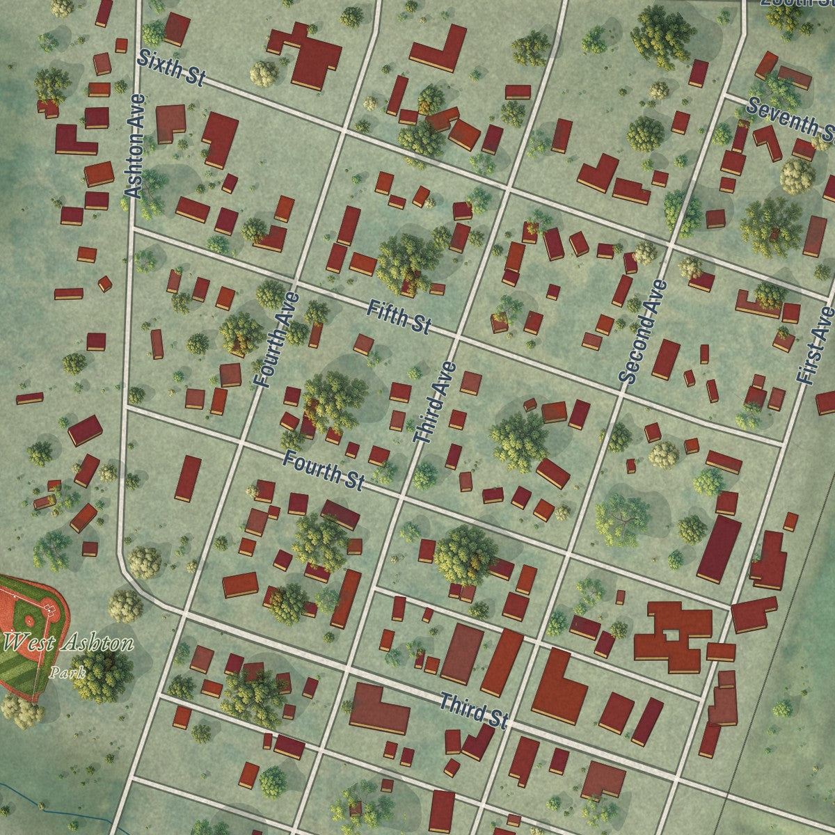 Close-up of the map of Ashton, Iowa print showing street and building detail