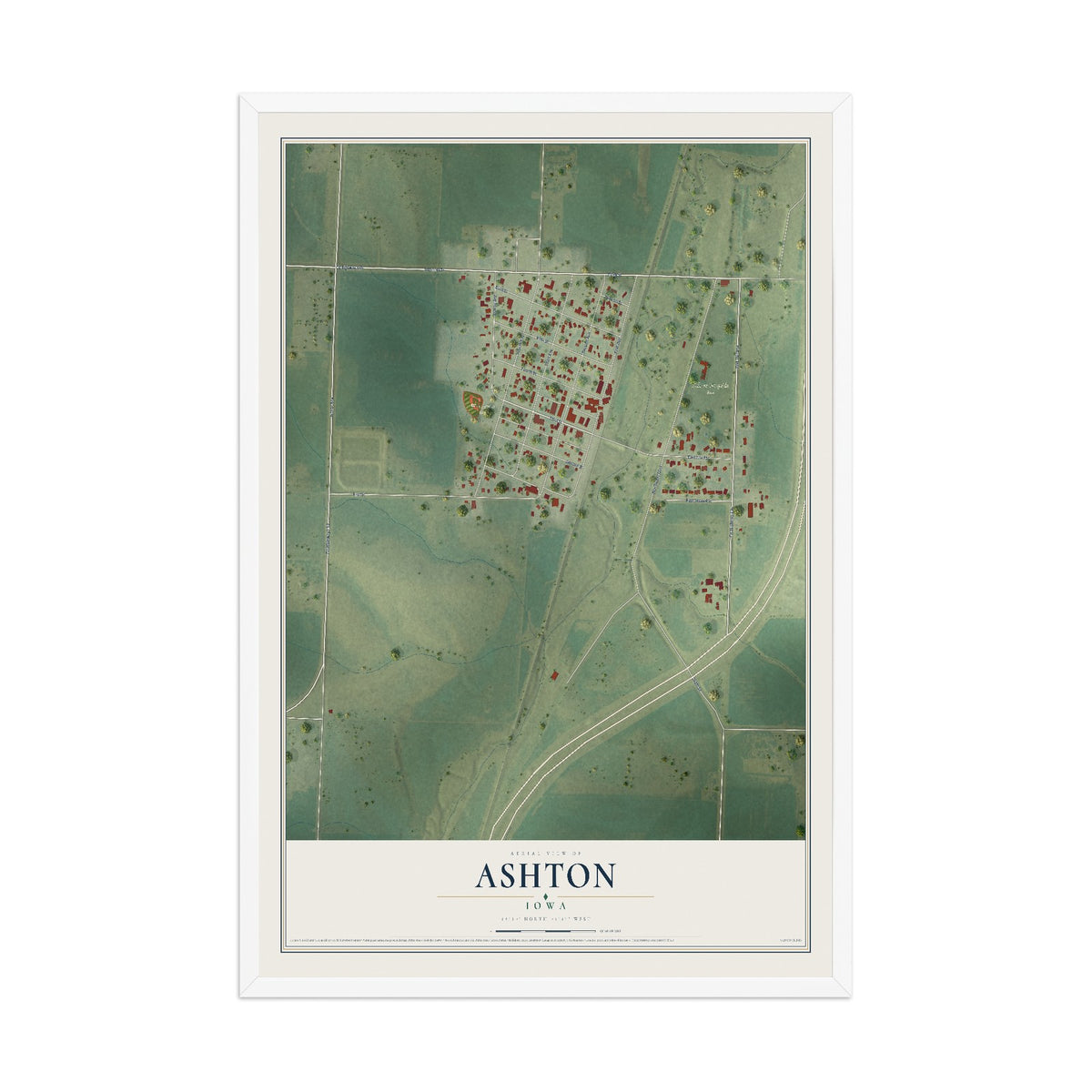Map of Ashton, Iowa, 12 x 18 inch print in a white wood frame