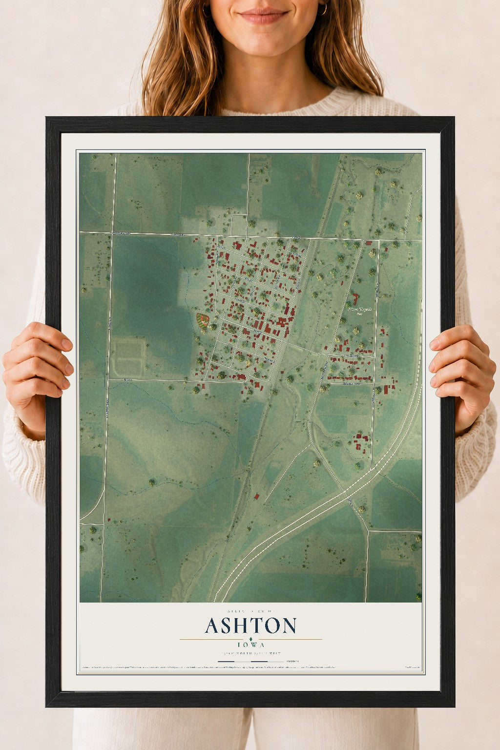 Map of Ashton, Iowa, 18 x 24 inch print in a black wood frame