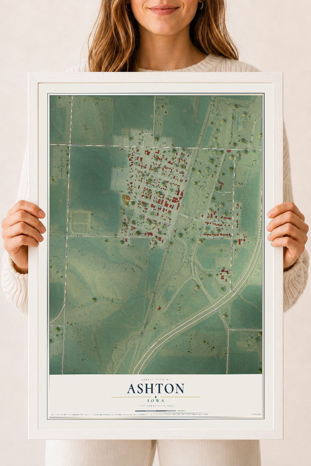 Map of Ashton, Iowa, 18 x 24 inch print in a white wood frame