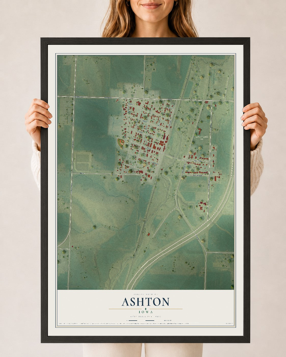 Map of Ashton, Iowa, 24 x 36 inch print in a black wood frame