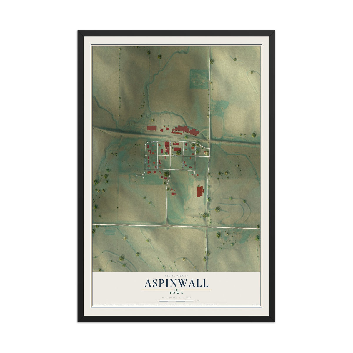 Map of Aspinwall, Iowa, 12 x 18 inch print in a black wood frame