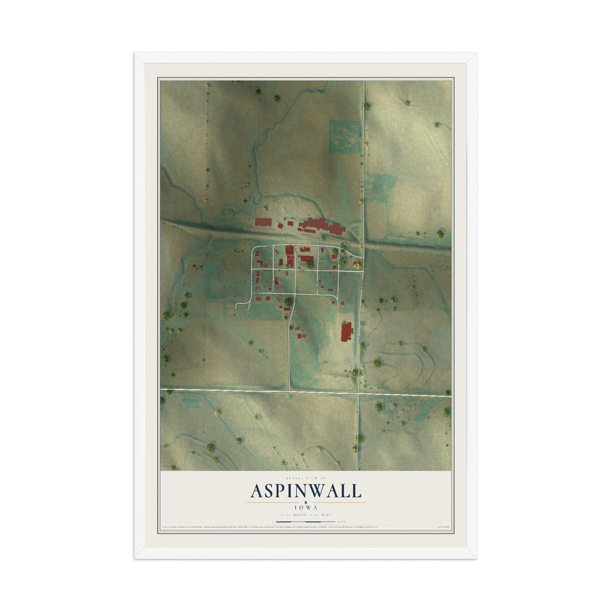 Map of Aspinwall, Iowa, 12 x 18 inch print in a white wood frame
