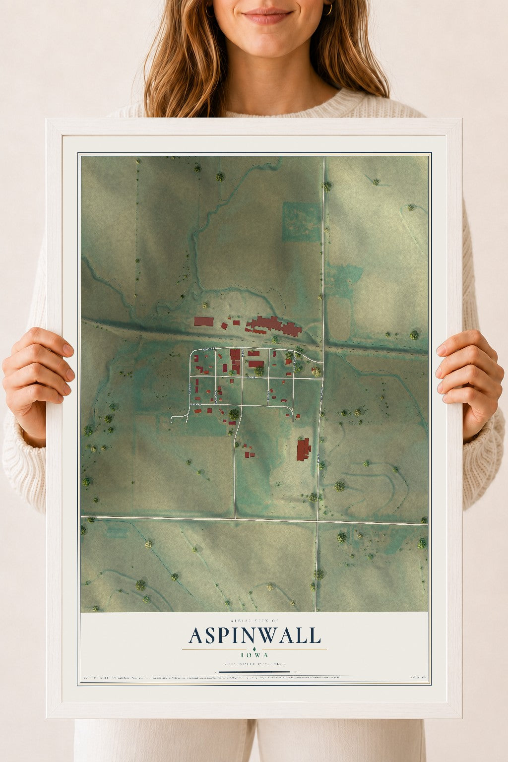 Map of Aspinwall, Iowa, 18 x 24 inch print in a white wood frame