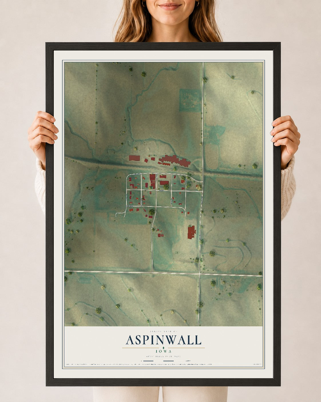Map of Aspinwall, Iowa, 24 x 36 inch print in a black wood frame