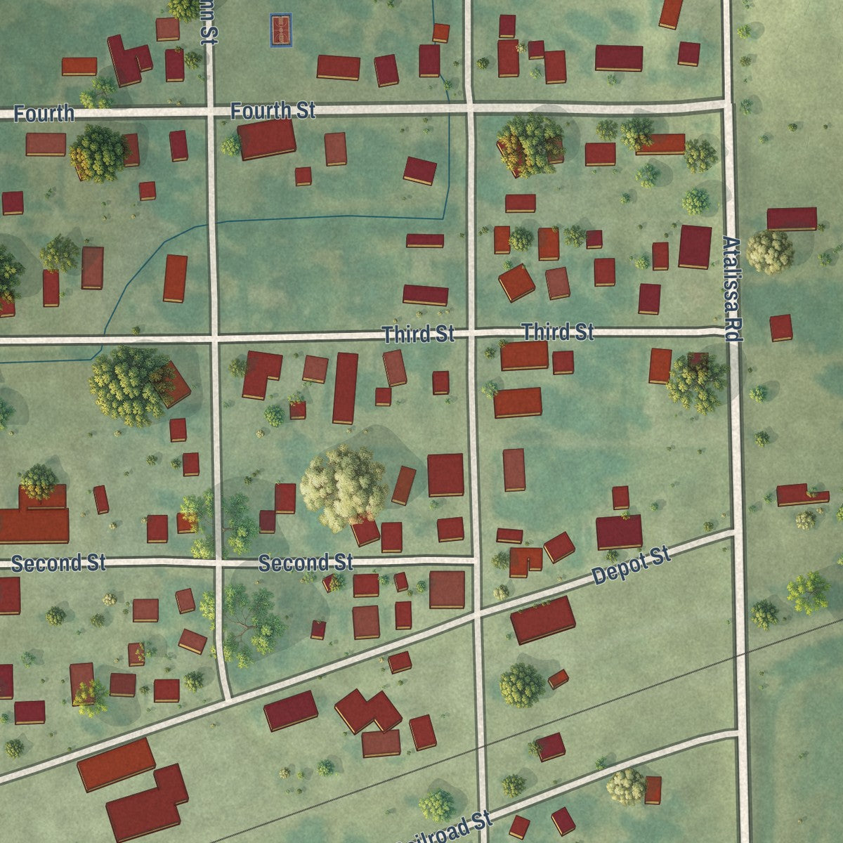 Close-up of the map of Atalissa, Iowa print showing street and building detail