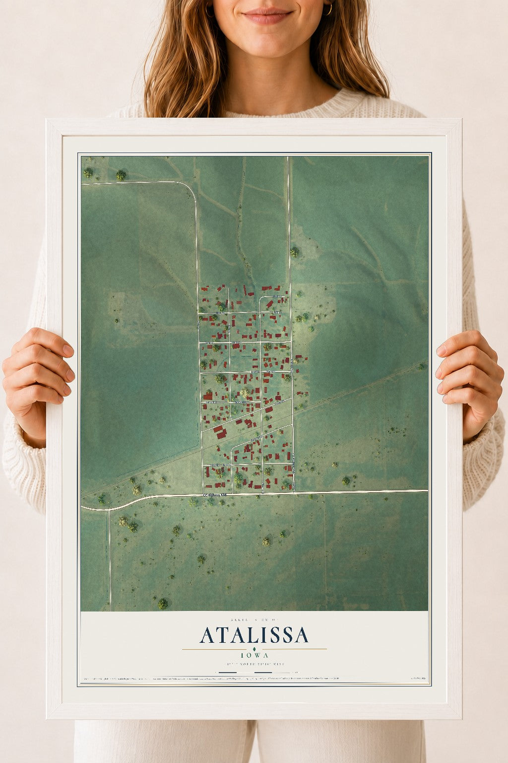Map of Atalissa, Iowa, 18 x 24 inch print in a white wood frame