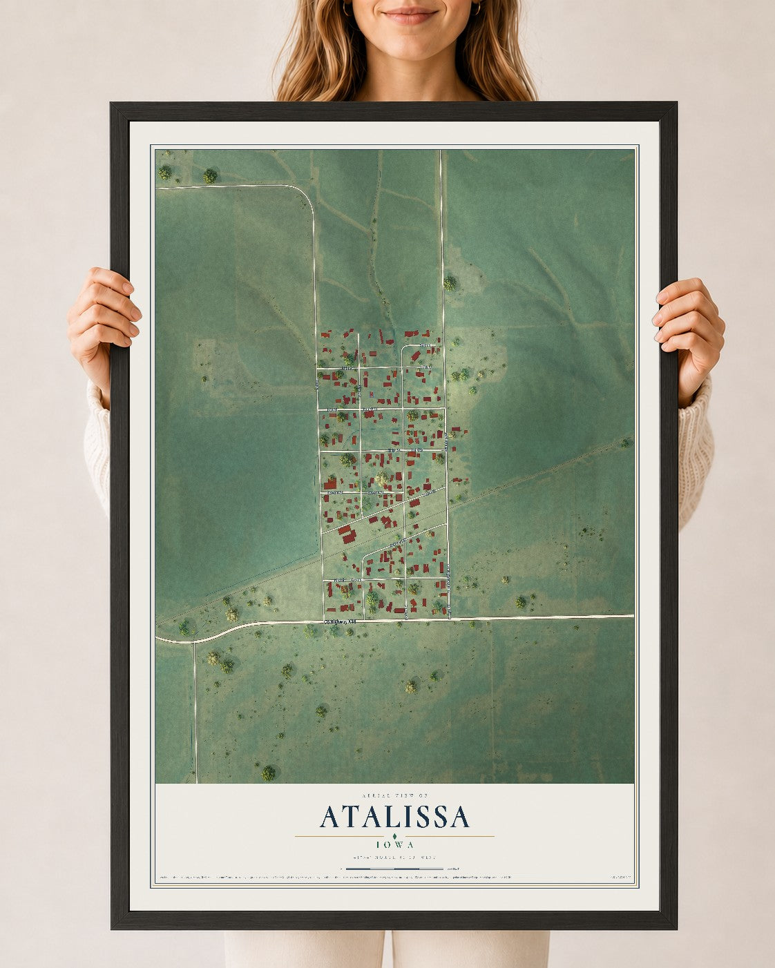 Map of Atalissa, Iowa, 24 x 36 inch print in a black wood frame
