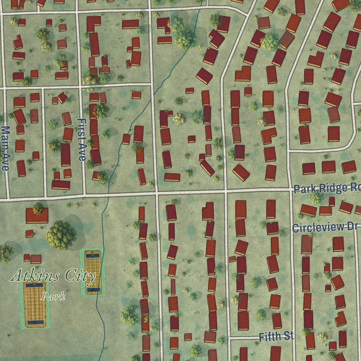 Close-up of the map of Atkins, Iowa print showing street and building detail