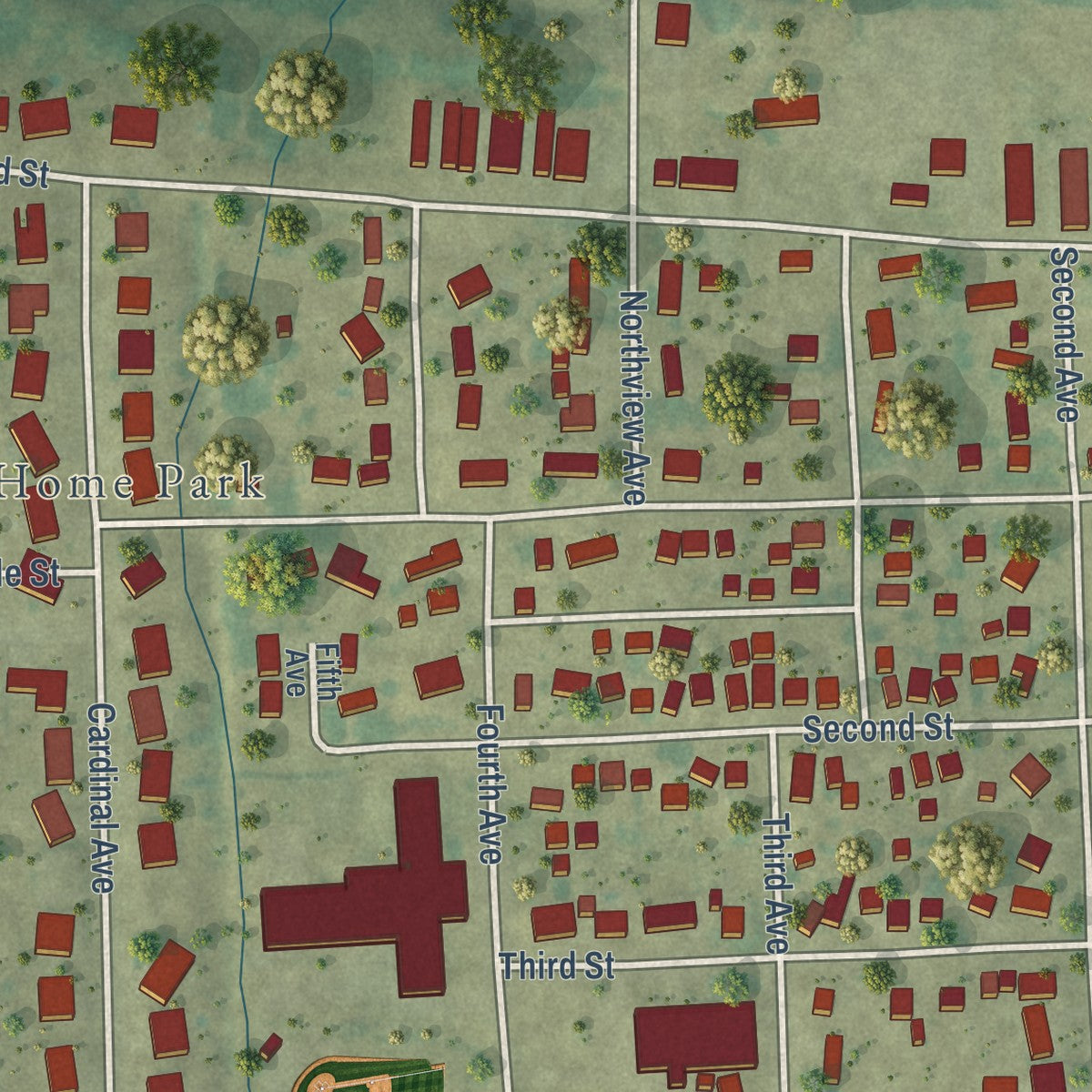 Second close-up of the map of Atkins, Iowa print showing more streets and buildings