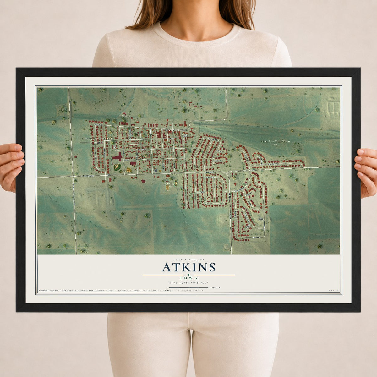Map of Atkins, Iowa, 18 x 24 inch print in a black wood frame