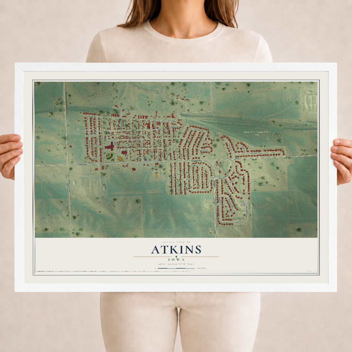 Map of Atkins, Iowa, 18 x 24 inch print in a white wood frame