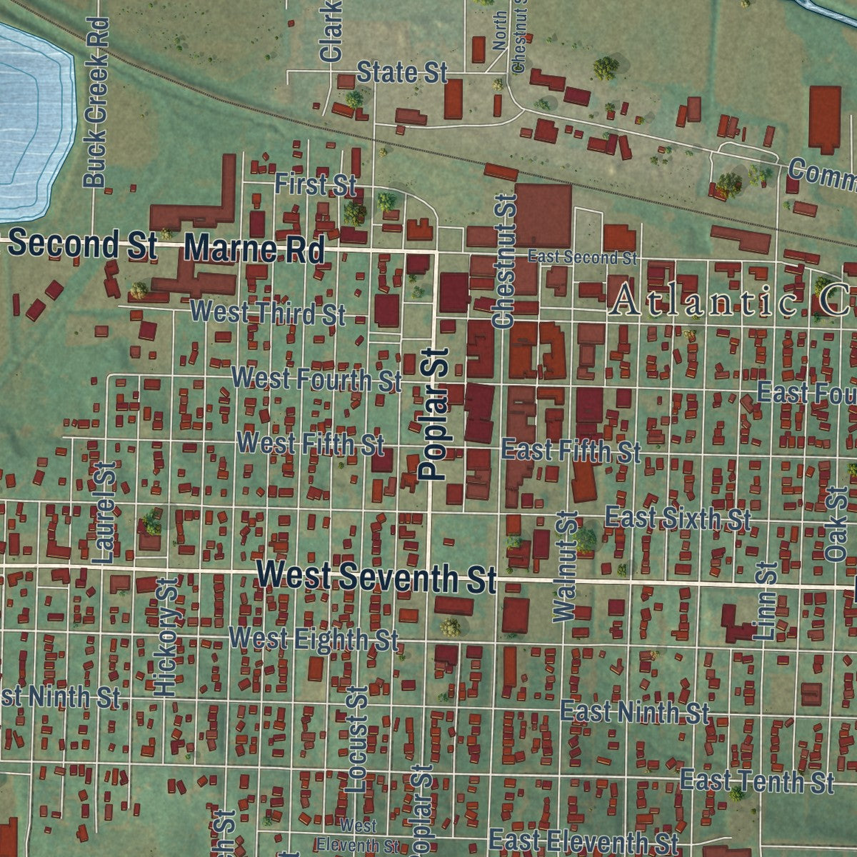 Close-up of the map of Atlantic, Iowa print showing street and building detail