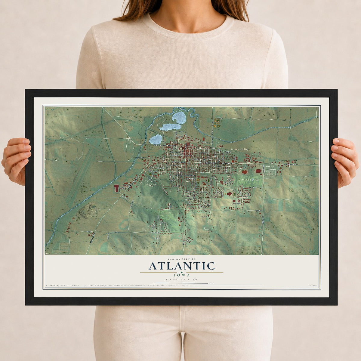 Map of Atlantic, Iowa, 12 x 18 inch print in a black wood frame