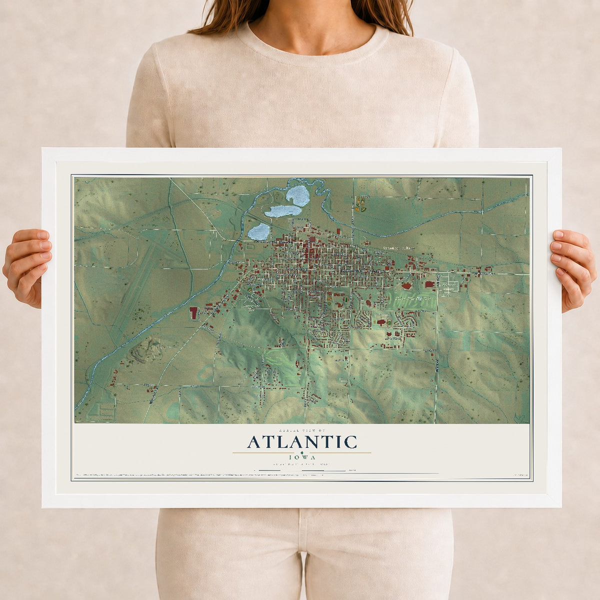 Map of Atlantic, Iowa, 12 x 18 inch print in a white wood frame